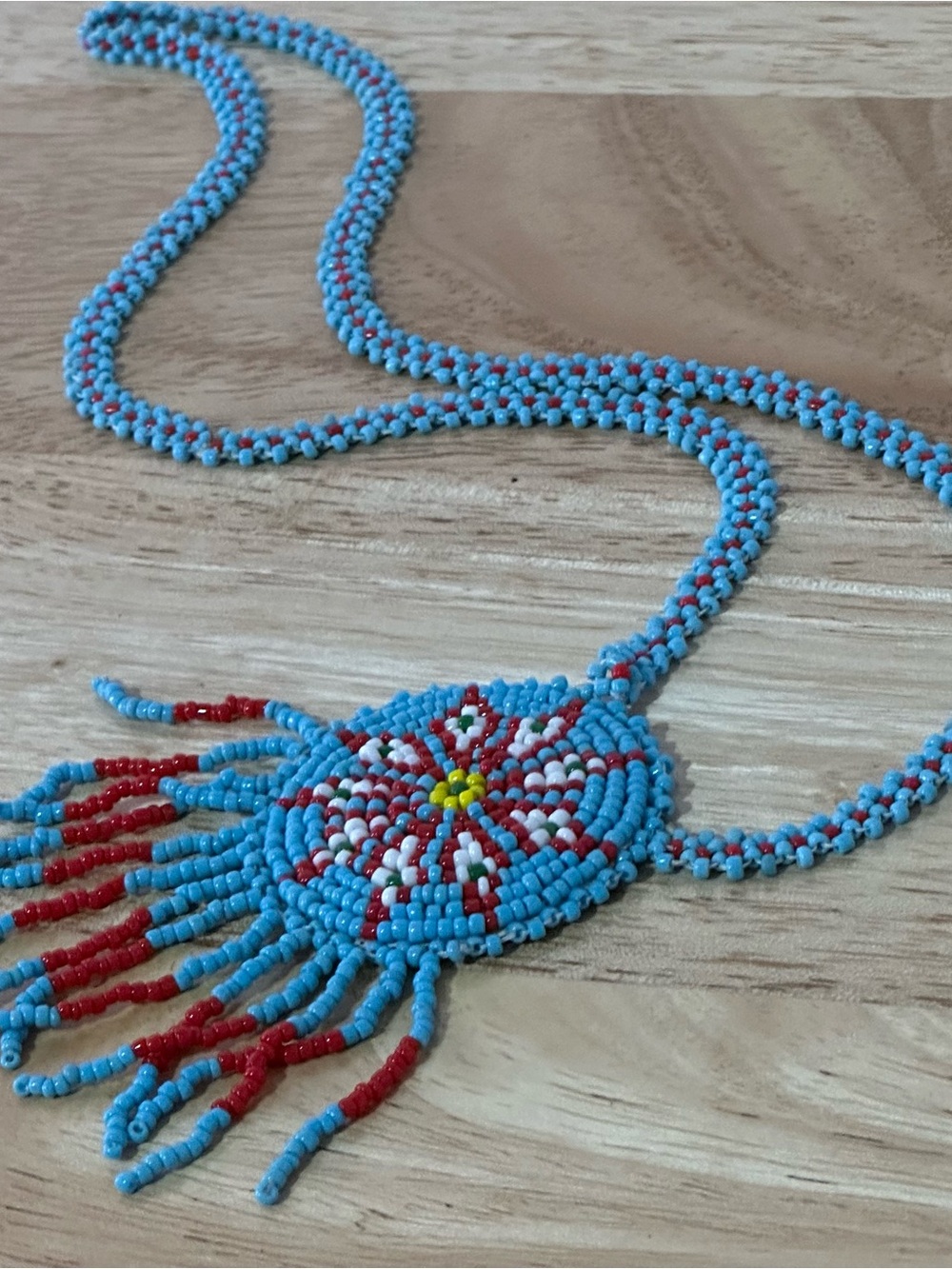 Handcrafted Turquoise and Red Beaded Pendant Necklace